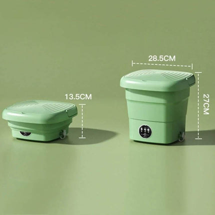 Compact Portable Folding Washer For Small Loads Lake Blue shown folded 13.5cm and expanded 27cm with 28.5cm lid, 4.5L TPE+PP compact portable washer