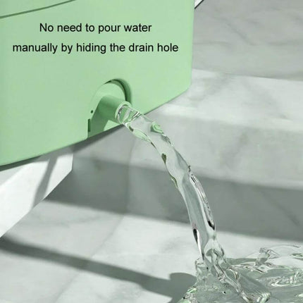 Compact Portable Folding Washer For Small Loads Lake Blue draining water from hidden drain hole with stream on marble floor, foldable TPE+PP 4.5L capacity