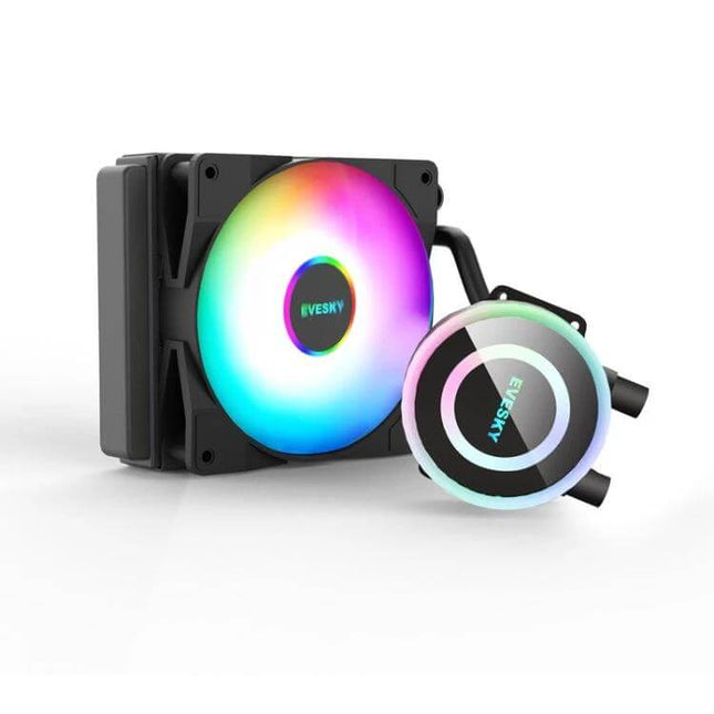 Evesky RGB CPU Liquid Cooler for Efficient System Heat Management - compact AIO with RGB fan and pump, quiet compatible cooling for gaming and content creation