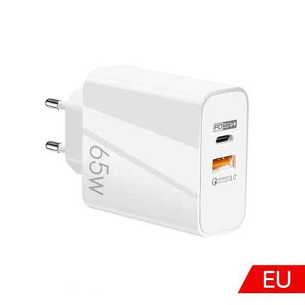 Charger for Everyday Device Power Needs at Home and Travel - 65W EU wall charger with USB-C PD and USB-A Quick Charge for laptops and phones