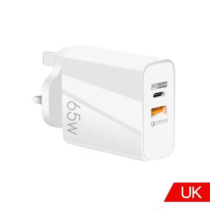 Charger for Everyday Device Power Needs at Home and Travel - 65W UK wall charger with USB-C PD and USB-A Quick Charge ports
