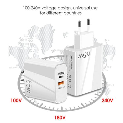 Charger for Everyday Device Power Needs at Home and Travel — 65W universal USB-C/USB-A travel charger, 100-240V compatibility