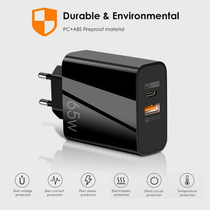 Charger for Everyday Device Power Needs at Home and Travel - 65W USB-C PD and USB-A travel charger, durable fireproof material