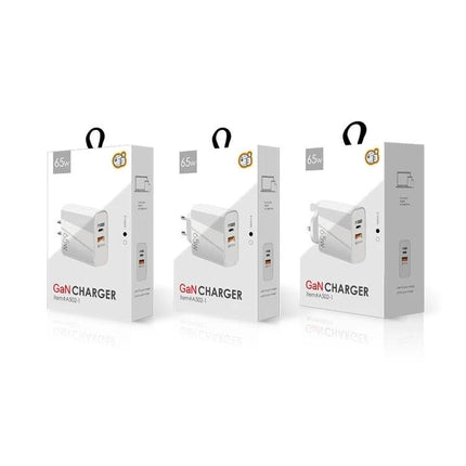 Charger for Everyday Device Power Needs at Home and Travel - white 65W GaN charger packaging shown with multiple ports and travel-ready design