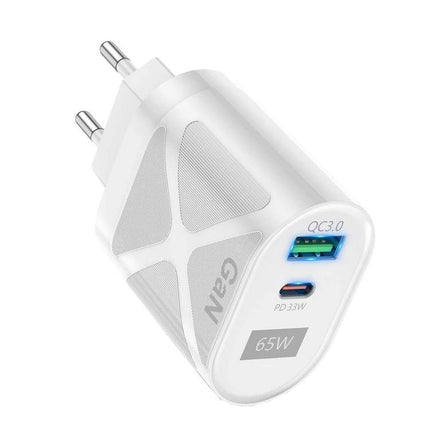 Universal Charger for Daily Device Use at Home or Travel - white dual-port 65W USB-C PD and QC3.0 wall charger for phone and tablet