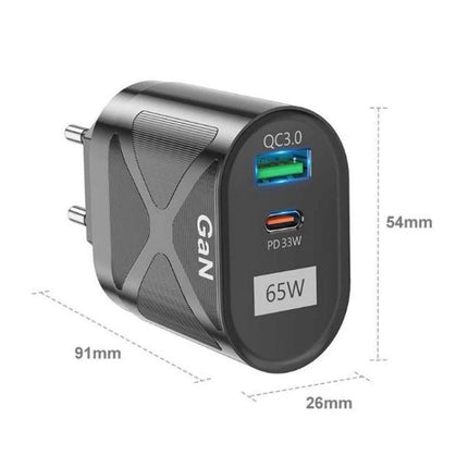 Universal Charger for Daily Device Use at Home or Travel - compact 65W GaN dual-port charger (QC3.0 USB-A and PD33W USB-C) for phone and tablet