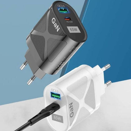 Universal Charger for Daily Device Use at Home or Travel - 65W GaN dual-port wall charger shown in black and white models