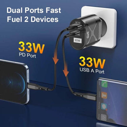 Universal Charger for Daily Device Use at Home or Travel dual-port 33W PD + 33W USB-A charging phone and tablet plugged into wall