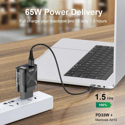 Universal Charger for Daily Device Use at Home or Travel - 65W dual-port GaN charger powering laptop and phone for home or travel