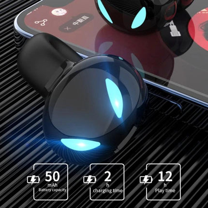 Clip On Bluetooth Earphones With Secure Outside Ear Clip For Commute in black with glowing LED, compact charging case and battery icons