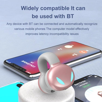 Clip On Bluetooth Earphones With Secure Outside Ear Clip For Commute pink earhook shown with phones, skin-friendly silicone clip, workout-ready