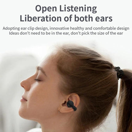 Clip On Bluetooth Earphones With Secure Outside Ear Clip For Commute - woman wearing black outside-ear clip earphones, open listening