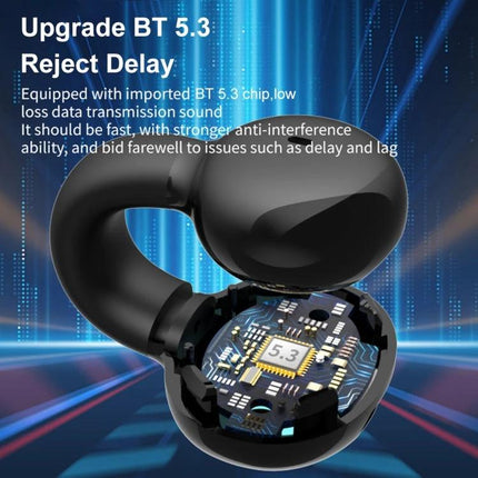Clip On Bluetooth Earphones With Secure Outside Ear Clip For Commute showing open earbud with BT 5.3 chipset interior