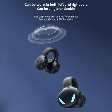 Clip On Bluetooth Earphones With Secure Outside Ear Clip For Commute shown in black, ergonomic outside-ear clip for stable wear