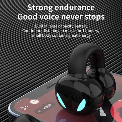 Clip On Bluetooth Earphones With Secure Outside Ear Clip For Commute black glossy clip-ear earbuds on phone showcasing long battery life