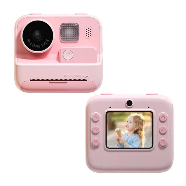 Kids' Instant Print Camera with Dual Lenses for Fun Photos - compact pink child-safe instant camera with dual lenses, screen and printable black-and-white photos