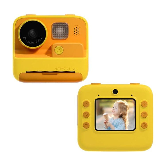 Kids' Instant Print Camera with Dual Lenses for Fun Photos - yellow child-friendly ABS camera with selfie lens and instant black-and-white print