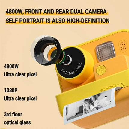 Kids' Instant Print Camera with Dual Lenses for Fun Photos — yellow child-safe instant camera printing black-and-white selfies