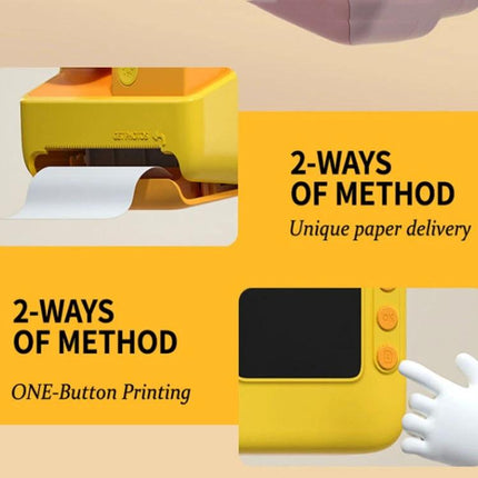 Kids' Instant Print Camera with Dual Lenses for Fun Photos showing yellow camera one-button printing and paper delivery