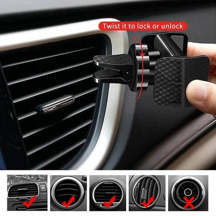360 Degree Rotating Car Air Vent Phone Holder For GPS showing clip attached to car vent with 360-degree swivel and twist lock, fits smartphones 3.5-6.5 inches