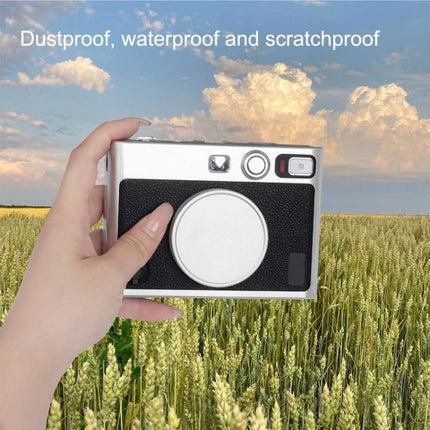 FUJIFILM Instax Mini EVO Aluminum Alloy Lens Cap on camera in field, dustproof waterproof scratchproof protection