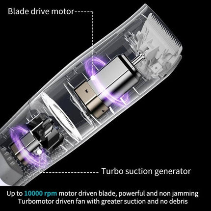 Child Hair Clipper Rechargeable For Easy Home Grooming showing internal motor, blade drive and turbo suction generator for quiet, non-jamming operation