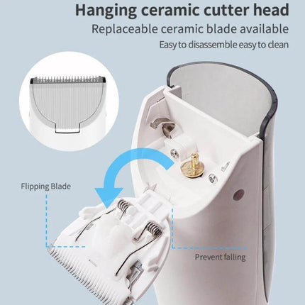Child Hair Clipper Rechargeable For Easy Home Grooming showing removable ceramic cutter head, rounded blade and quiet motor for gentle toddler trims