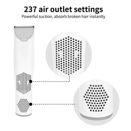 Child Hair Clipper Rechargeable For Easy Home Grooming showing white clipper with quiet motor vents and six guide combs for toddler trimming