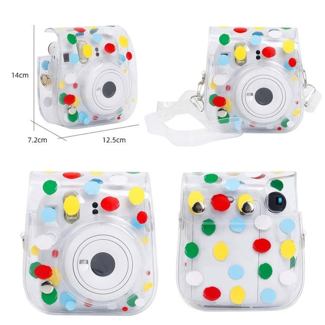 Protective Case for Fujifilm Instax Mini 12/11 in Wave Dot - clear polka dot camera bag showing front, back and dimensions, with strap