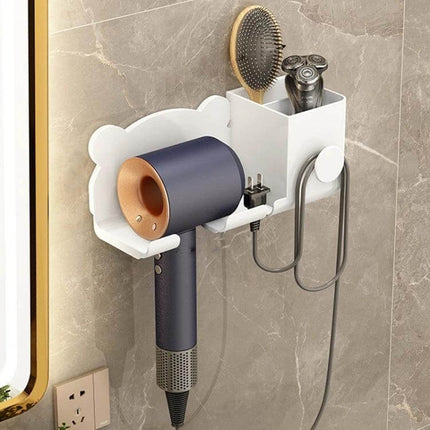 Dyson Hair Dryer Wall Mounted Holder And Shelf For Bathroom showing wall-mounted holder with hair dryer, brush and shaver in white drill-free design