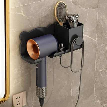 Dyson Hair Dryer Wall Mounted Holder And Shelf For Bathroom holding hair dryer, brush and razor in black drill-free wall shelf