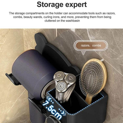 Dyson Hair Dryer Wall Mounted Holder And Shelf For Bathroom with storage compartments holding razor and brush, drill-free wall mounted organizer