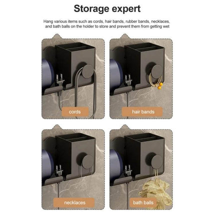 Dyson Hair Dryer Wall Mounted Holder And Shelf For Bathroom showing storage of cords hair bands necklaces and bath balls to save counter space