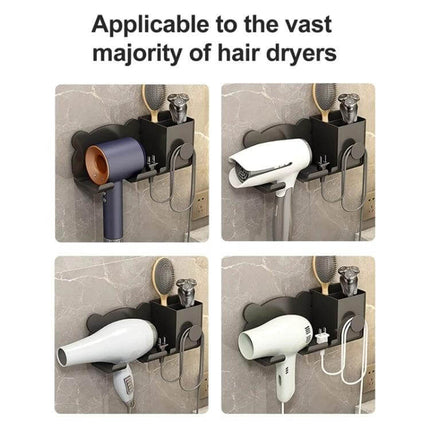 Dyson Hair Dryer Wall Mounted Holder And Shelf For Bathroom shown holding various hair dryers and accessories in a drill-free wall-mounted setup