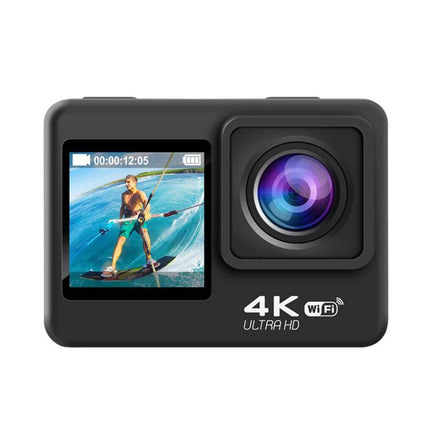 Versatile Waterproof Sports Camera for Outdoor Activities showing 4K action camera with wide-angle lens and screen displaying kitesurfer
