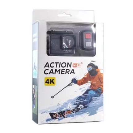 Versatile Waterproof Sports Camera for Outdoor Activities in retail packaging showing 4K action camera, remote and skiing illustration