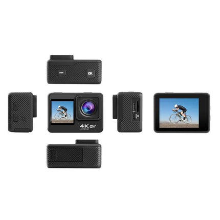 Versatile Waterproof Sports Camera for Outdoor Activities shown from multiple angles with 4K lens and rear LCD displaying cyclist