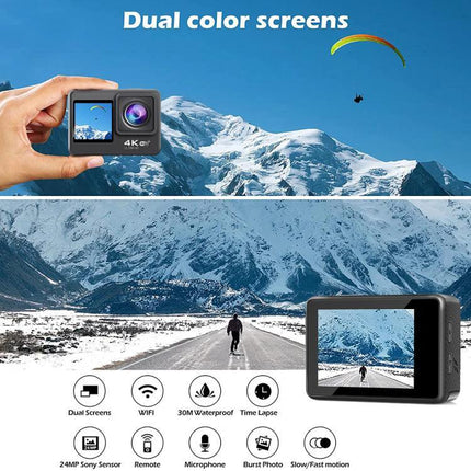 Versatile Waterproof Sports Camera for Outdoor Activities showing 4K dual screens, 170° wide-angle, 30M waterproof for cycling, diving, driving adventures