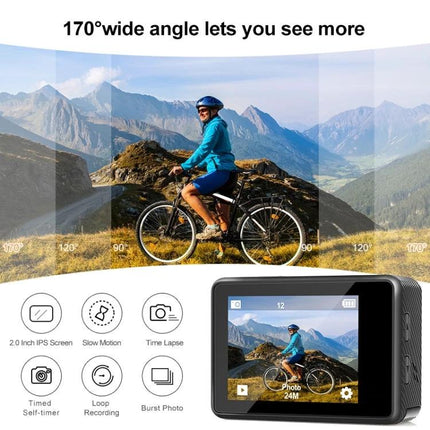 Versatile Waterproof Sports Camera for Outdoor Activities showing cyclist with 170° wide-angle 4K footage and smartphone connectivity