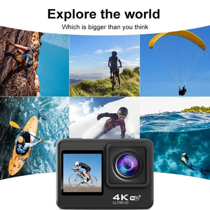 Versatile Waterproof Sports Camera for Outdoor Activities shown with 4K lens and montage of cycling diving kayaking paragliding scenes