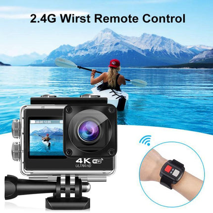 Versatile Waterproof Sports Camera for Outdoor Activities capturing 4K wide-angle kayaking with wrist remote control