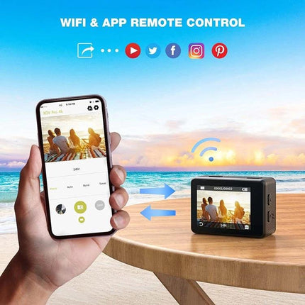 Versatile Waterproof Sports Camera for Outdoor Activities showing smartphone app remote control with 4K wide-angle footage transfer