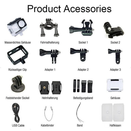 Versatile Waterproof Sports Camera for Outdoor Activities accessories layout showing mounts, adapters, straps, housing, USB cable, and mounts