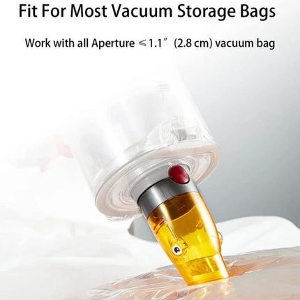 Dyson Suction Tip Adapter for Vacuum Storage Bags attached to vacuum sealing a storage bag, fits 1.1" aperture