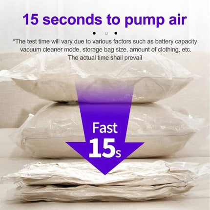 Dyson Suction Tip Adapter for Vacuum Storage Bags shown compressing pillows in 15 seconds with vacuum suction