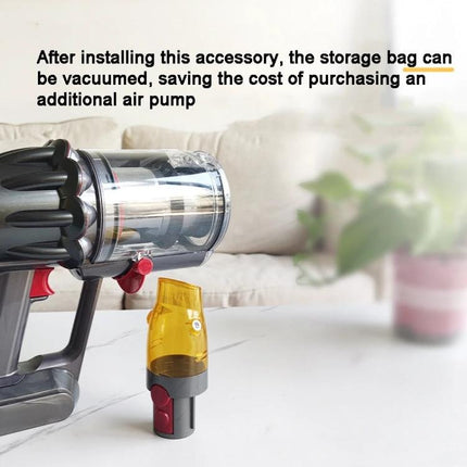 Dyson Suction Tip Adapter for Vacuum Storage Bags attached to a Dyson vacuum ready to vacuum seal storage bags