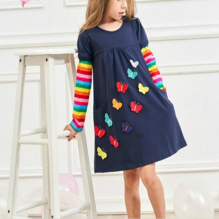 Robe de princesse en coton à manches longues et motif papillon brodé arc-en-ciel pour filles