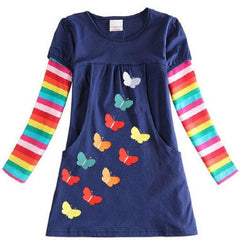 Girls Colorful Long Sleeve Butterfly Embroidered Cotton Dress for Kids