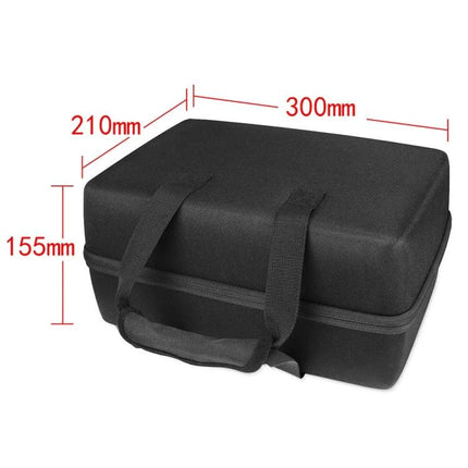 Beosound A5 Hard Shell Protective Travel Case With Lining showing black molded exterior, carry handle and zipper, dimensions