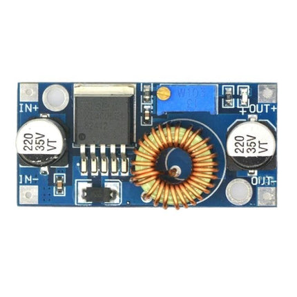 Versatile Adjustable DC-DC Buck Power Module for DIY Projects compact module with inductor, electrolytic capacitors, and adjustable potentiometer
